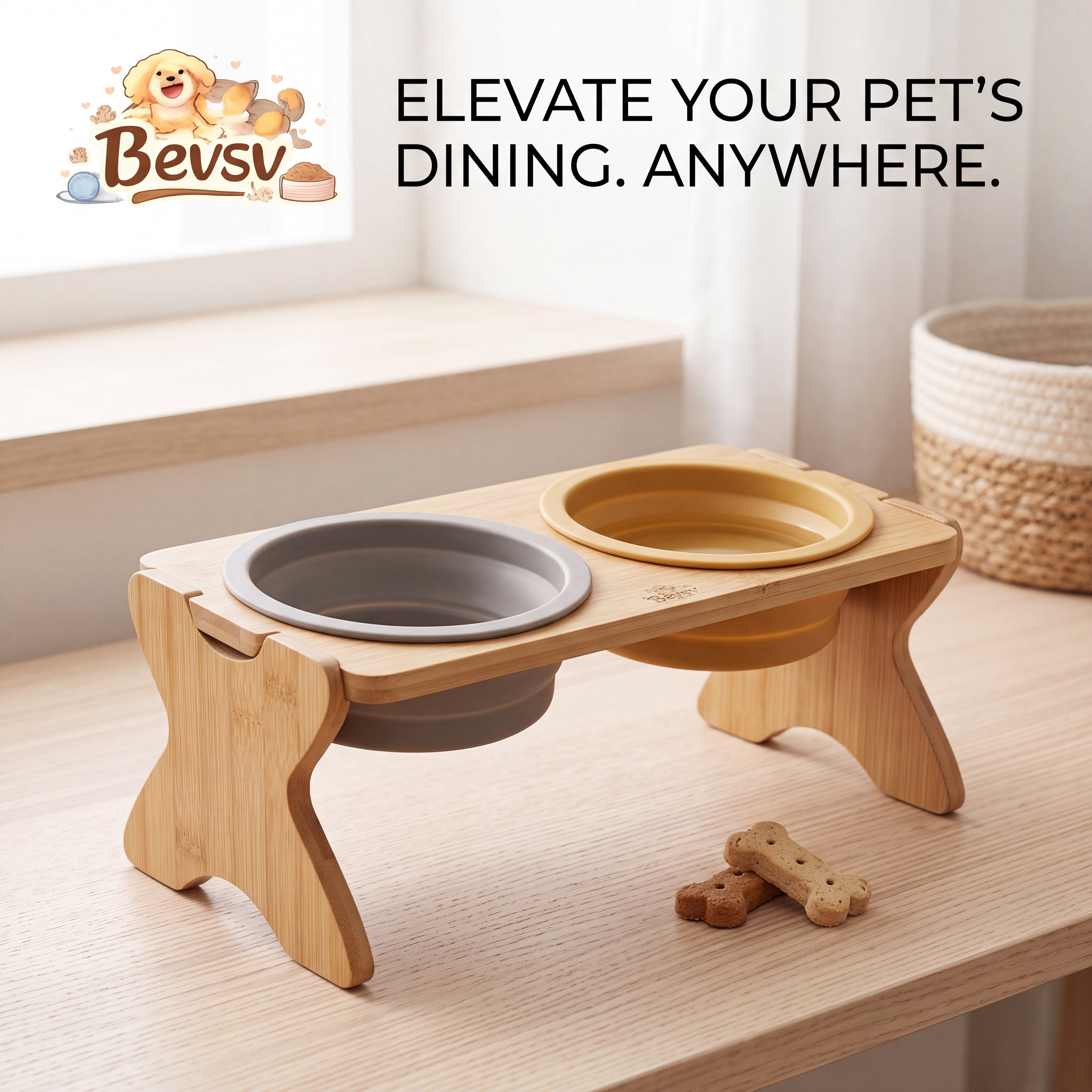 Bevsv Elevated Dog Bowls, Raised Bamboo Pet Feeder with 2 Removable Collapsible Silicone Bowls, Non-Slip Double Pet Food &amp; Water Bowl Stand for Small Medium Dogs and Cats, Travel-Friendly Pet Dining Station